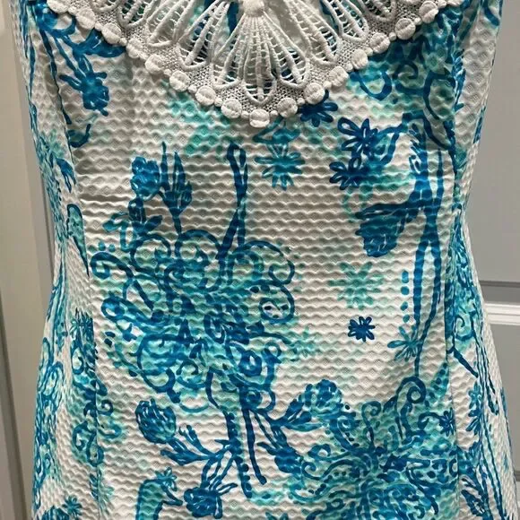 Lilly Pulitzer Dress Pearl Crochet Neck Halter Size 14 Blue & White